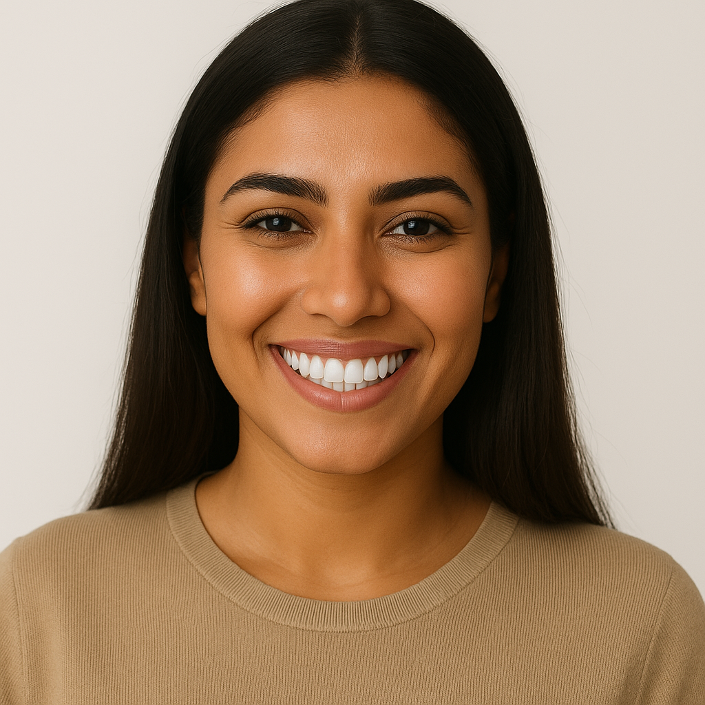 Confident person smiling with clean white teeth after safe oral care and whitening.