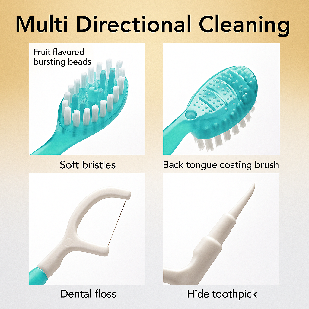 Close-up of Arta Pickatooth features showing soft bristles with fruit-flavored bursting beads, a back tongue-coating brush, built-in dental floss, and a hidden toothpick for complete multi-directional cleaning.
صورة توضيحية لمميزات آرتا بيكاتوث، تظهر الشعيرات الناعمة مع خرزات بنكهات فواكه، وفرشاة خلفية لتنظيف اللسان، وخيط أسنان مدمج، وعيدان تنظيف مخفية لغاية تنظيف متعددة الاتجاهات.