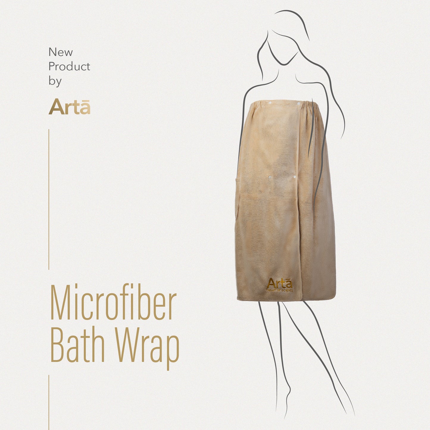 A beige microfiber bath wrap with the ArtĄ brand logo visible on the product.