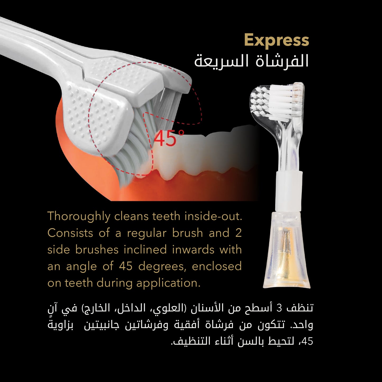 Arta Express Ultrasonic Toothbrush cleans 3 tooth surfaces at 45° angle for deep care | فرشاة آرتا السريعة تنظف ٣ أسطح بزاوية ٤٥° لعناية عميقة