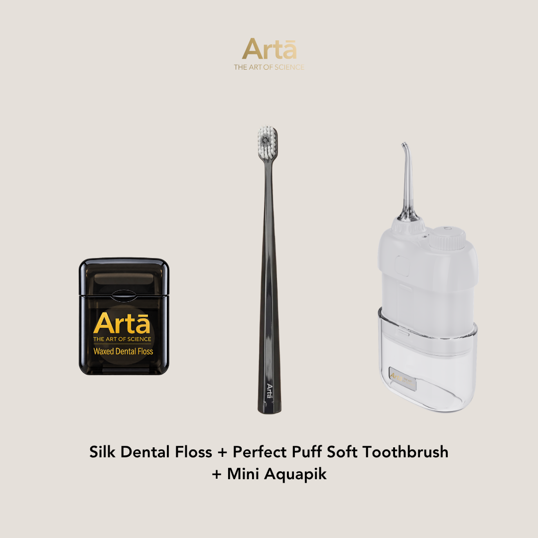 Silk Dental Floss + Perfect Puff Soft Toothbrush + Mini Aquapik
