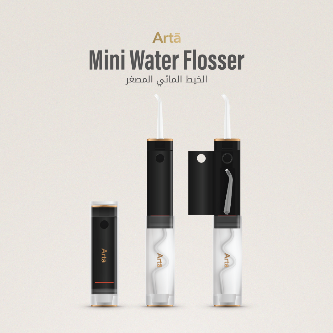 Arta Mini Water Flosser black portable design for deep teeth cleaning and gum care, compact for travel | خيط مائي مصغر من آرتا وردي لتنظيف الأسنان واللثة بعمق ومثالي للسفر.