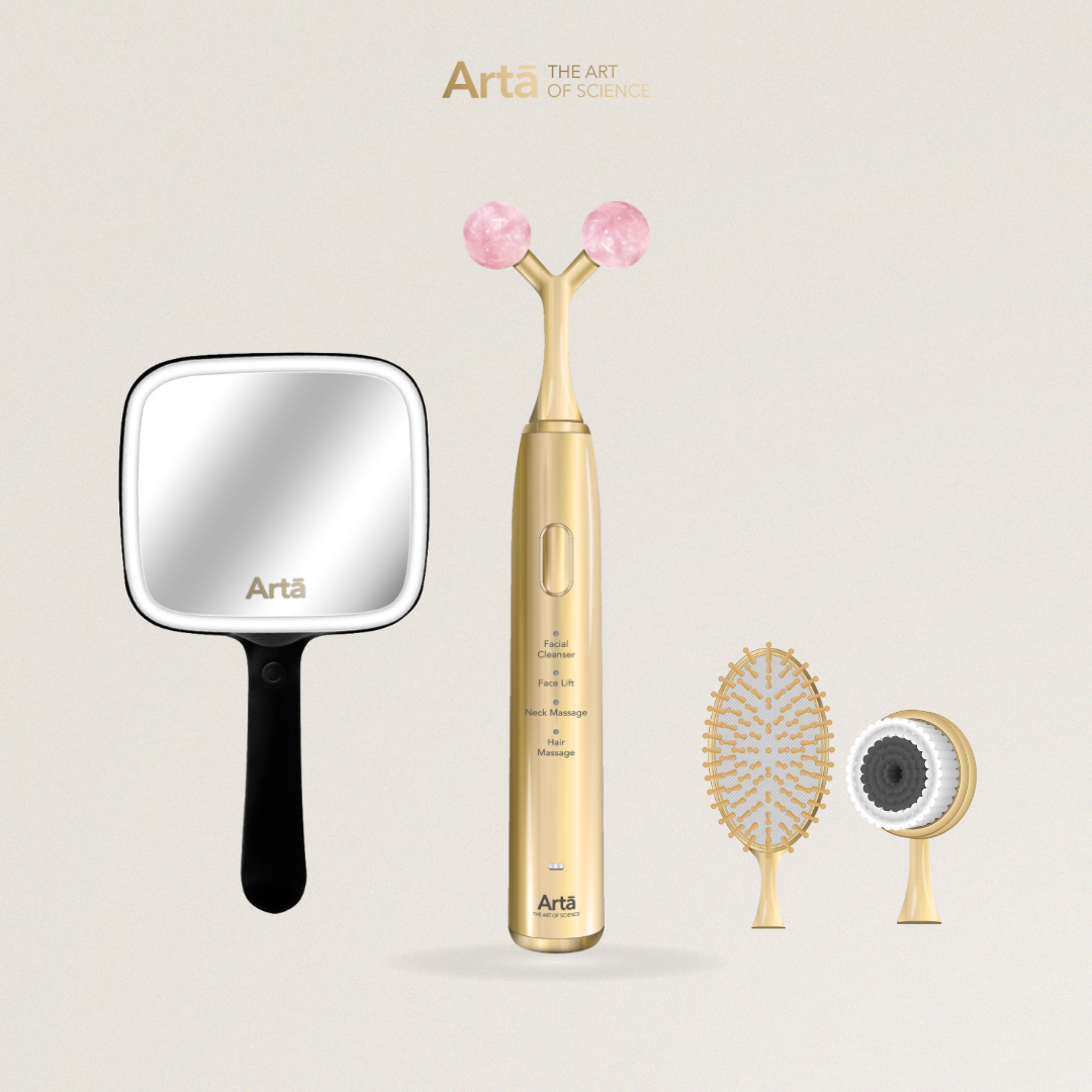 باقة Arta Glow Package 2 – جهاز تدليك للوجه والرقبة مع ملحقات للشعر والبشرة ومرايا أنيقة | Arta Glow Package 2 – facial & neck massager with hair and skin care attachments plus stylish mirror, luxury beauty set.