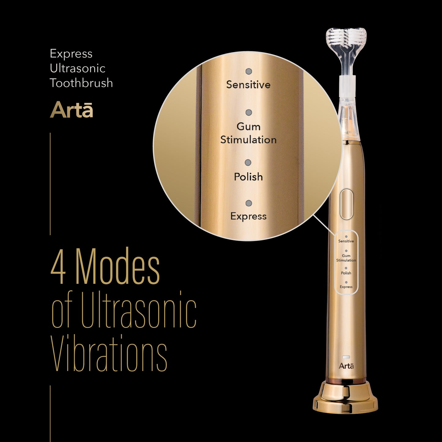 Arta Express Ultrasonic Toothbrush gold with 4 modes: Sensitive, Gum, Polish, Express | فرشاة آرتا السريعة بأربع أوضاع للعناية والتلميع