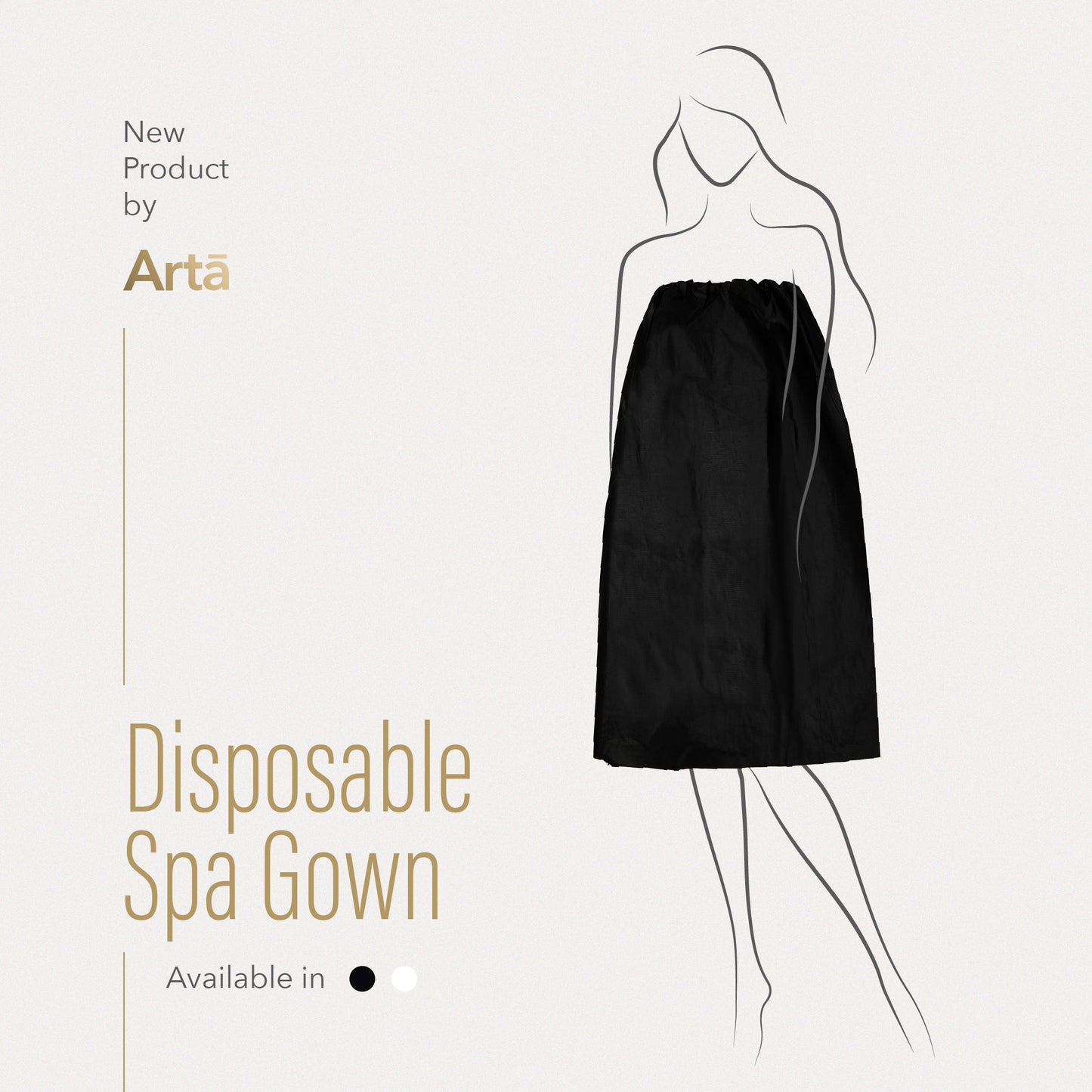 A black disposable spa gown by ArtĄ, depicted in a line art style with a female silhouette against a white background. The text indicates it's a new product and highlights the brand, ArtĄ.