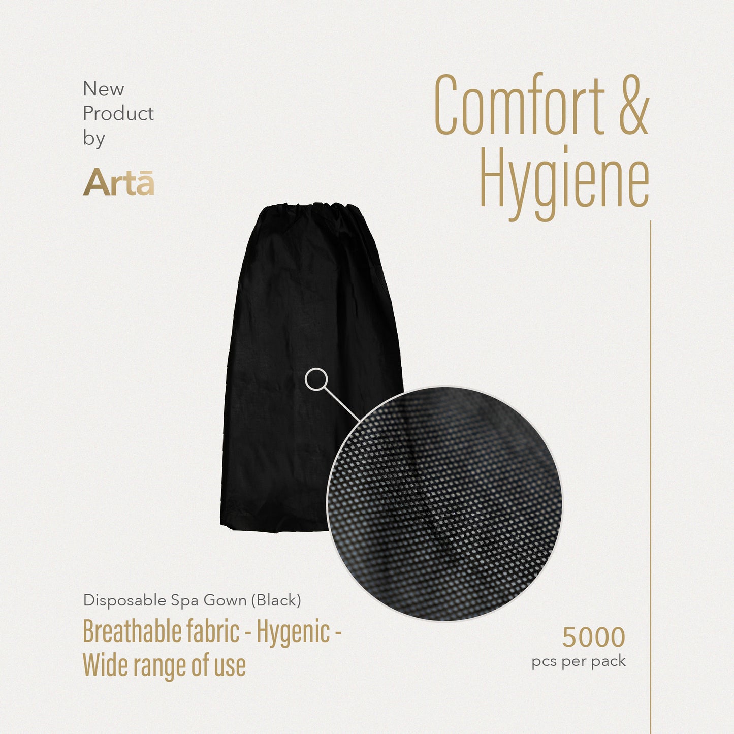 A black disposable spa gown by ArtĄ, depicted in a line art style with a female silhouette against a white background. The text indicates it's a new product and highlights the brand, ArtĄ.
