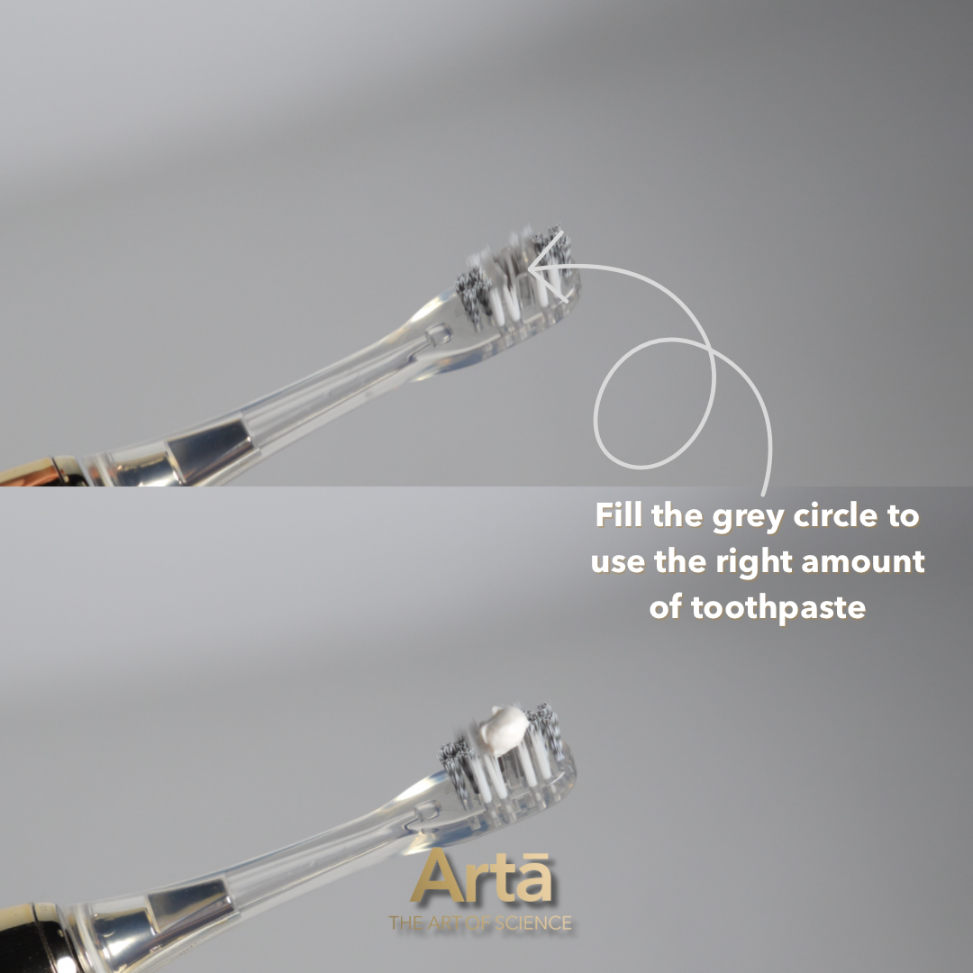 Arta golden ultrasonic toothbrush showing correct toothpaste amount for healthy brushing | فرشاة آرتا الذهبية توضح كمية معجون الأسنان الصحيحة لتنظيف فعّال وصحي