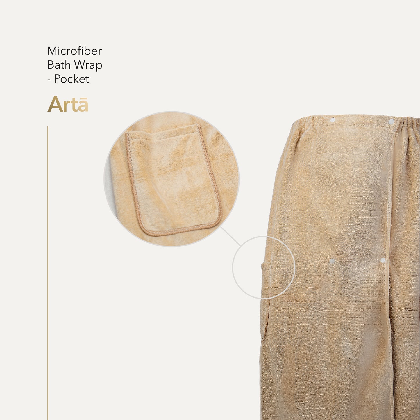 A beige microfiber bath wrap with the ArtĄ brand logo visible on the product.