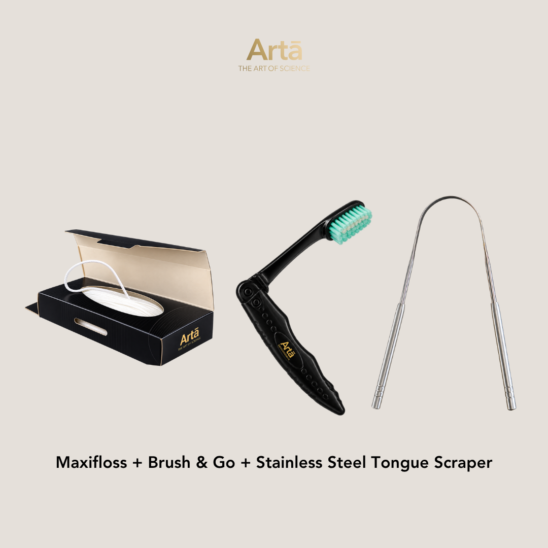 Maxifloss + Brush & Go + Stainless Steel Tongue Scraper