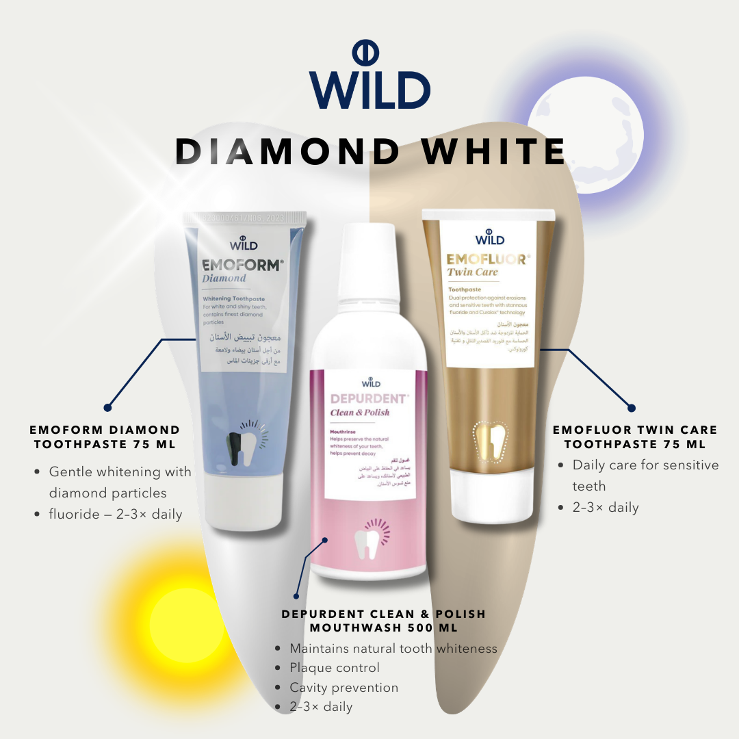 WILD Emoform Diamond whitening toothpaste, Depurdent Clean & Polish mouthwash, and Emofluor Twin Care toothpaste for plaque control, enamel protection, sensitivity relief and gentle diamond whitening.
معجون الأسنان WILD Emoform Diamond للتبييض، وغسول الفم Depurdent Clean & Polish، ومعجون Emofluor Twin Care للتحكم بالبلاك، حماية مينا الأسنان، تقليل الحساسية وتبييض لطيف بجزيئات الألماس.