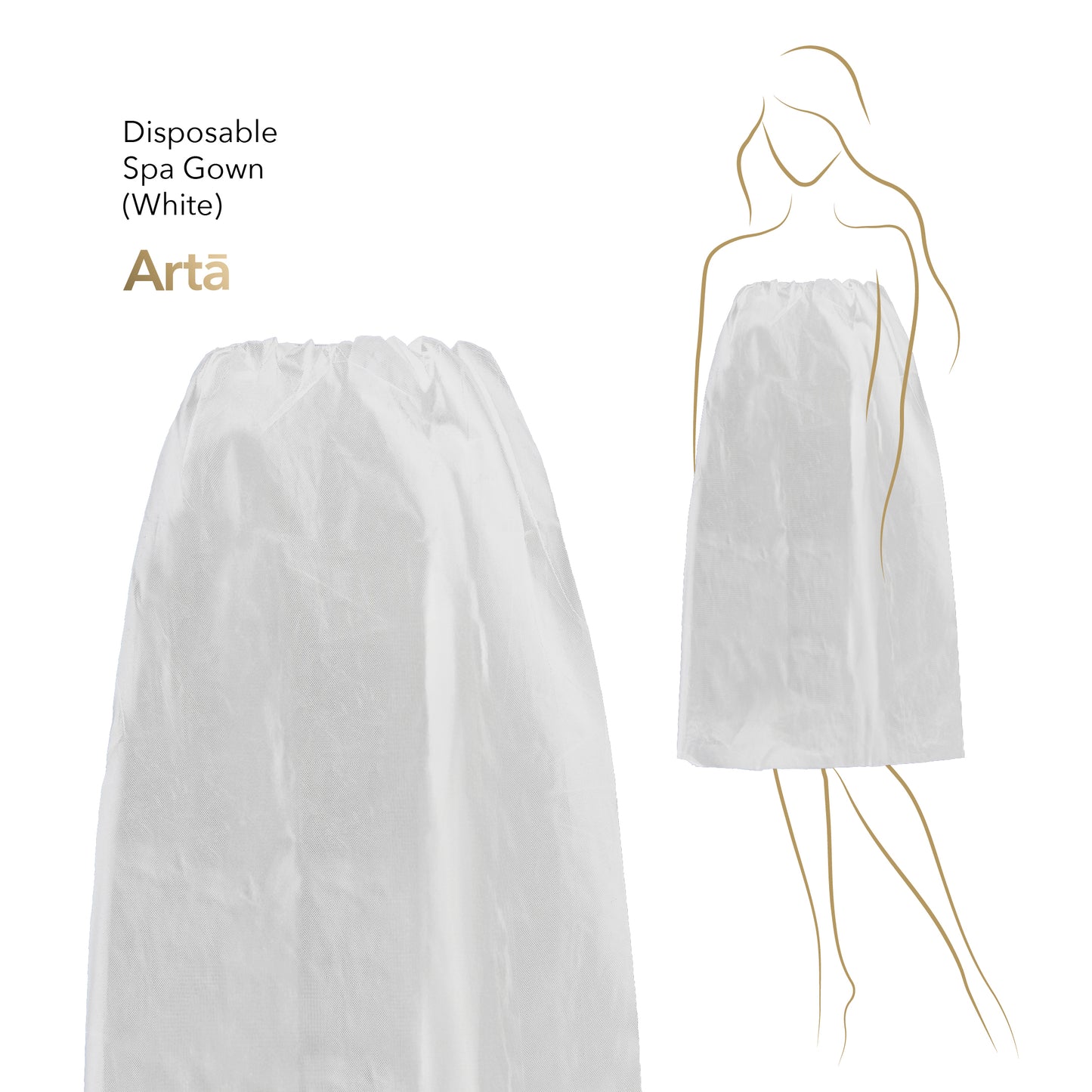 A black disposable spa gown by ArtĄ, depicted in a line art style with a female silhouette against a white background. The text indicates it's a new product and highlights the brand, ArtĄ.