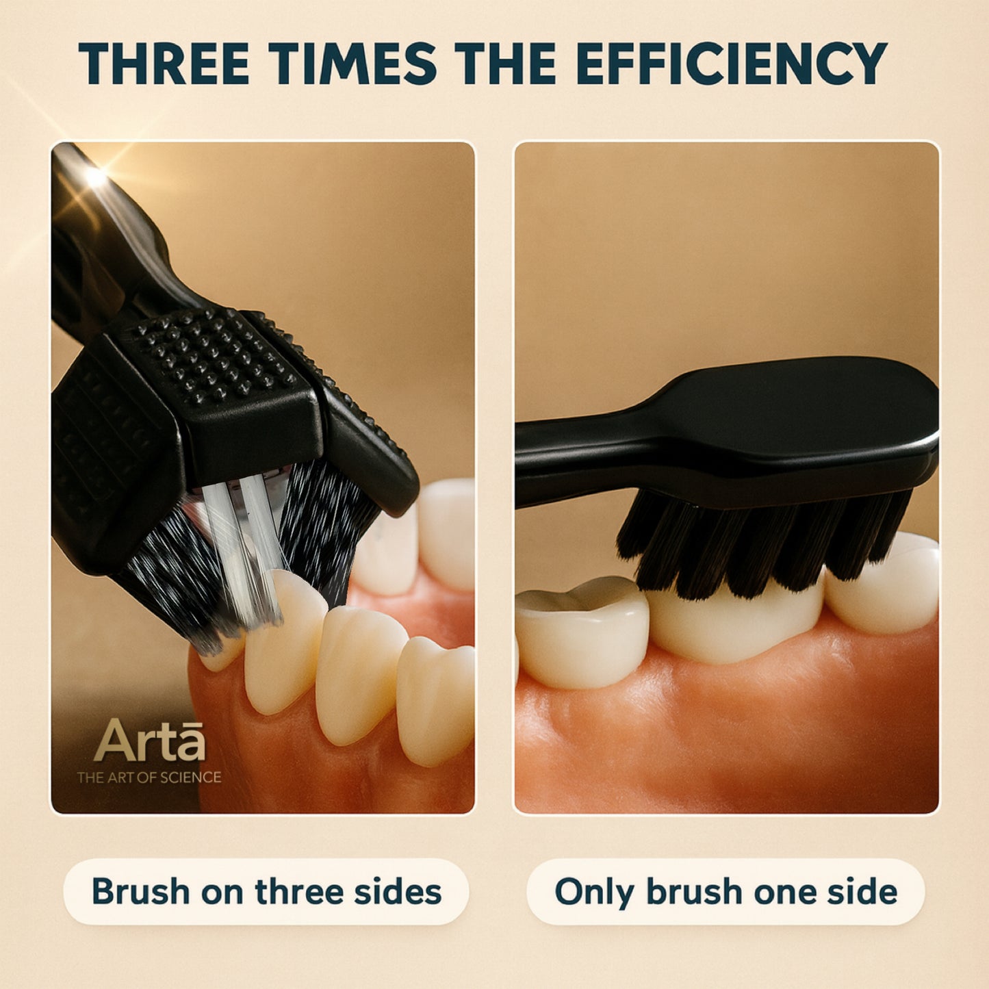 Arta triple-sided black toothbrush cleans all three teeth surfaces at once for faster, deeper cleaning than a single head toothbrush | فرشاة آرتا ثلاثية الجوانب تنظف ثلاث الأسنان بفعالية وسرعة مذهلة ومقارنتها بالفرشاة العادية