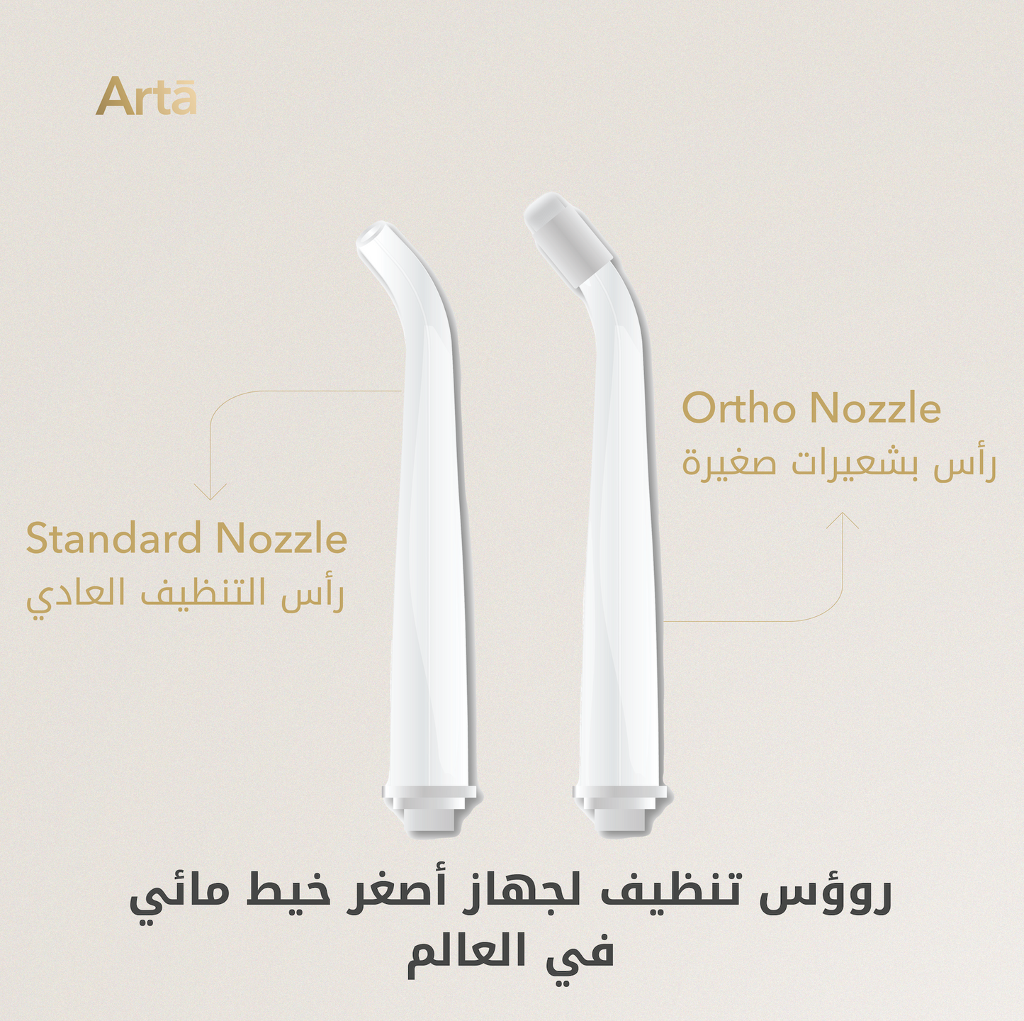 Arta mini water flosser heads with standard and ortho nozzles for deep cleaning | رؤوس خيط مائي آرتا مع فوهة عادية وأخرى تقويم لتنظيف عميق