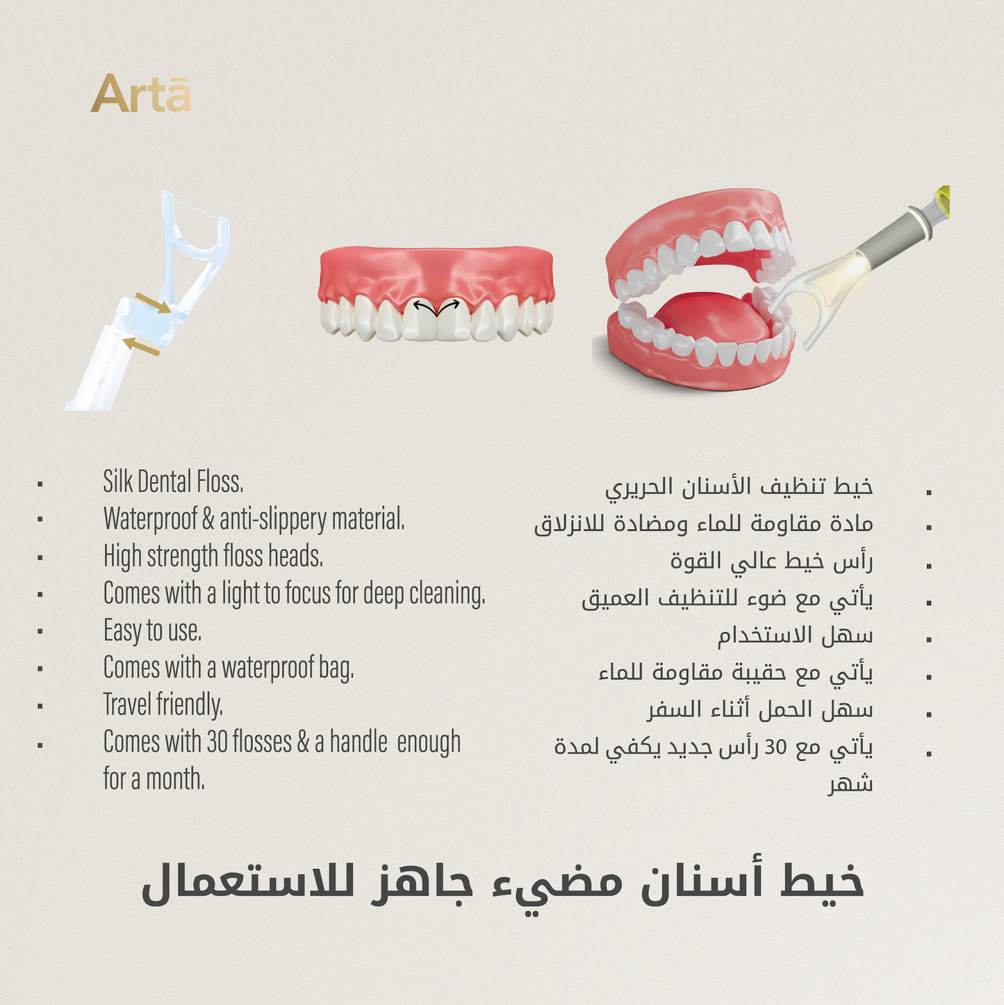 Arta Flash Floss with light, waterproof and travel-friendly, 30 floss heads for deep cleaning | خيط أسنان مضيء آرتا ضد الماء وسهل الحمل مع 30 رأس لتنظيف عميق