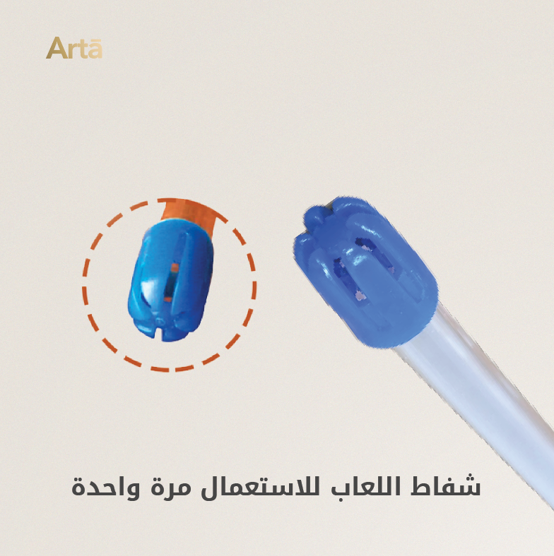 An image showing a disposable dental mirror with a blue handle and a clear, plastic mirror head.