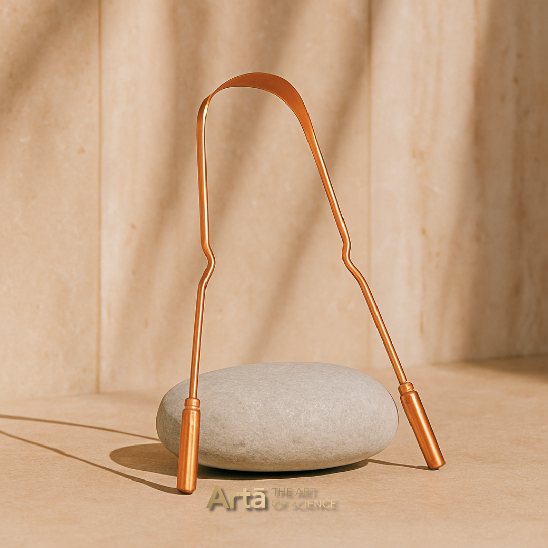 Copper balance weight on a stone with a beige background