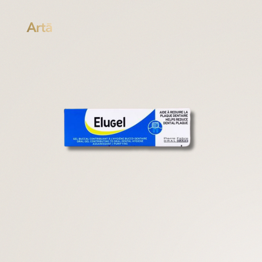 Elugel dental product packaging on a light gray background