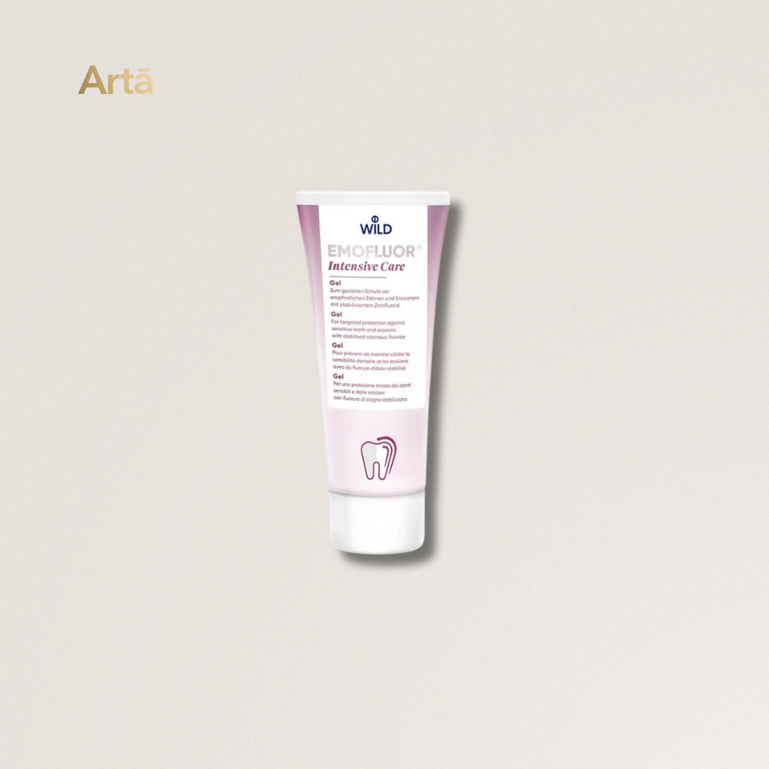 Tube of Wild EnamelFlour Intensive Care toothpaste on a light beige background