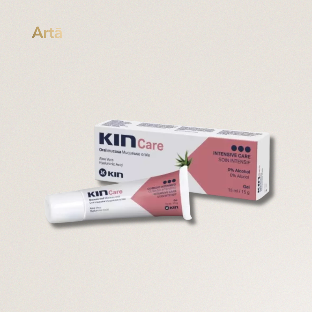 Kin Care oral mucosa moisturizer crème packaging on a beige background