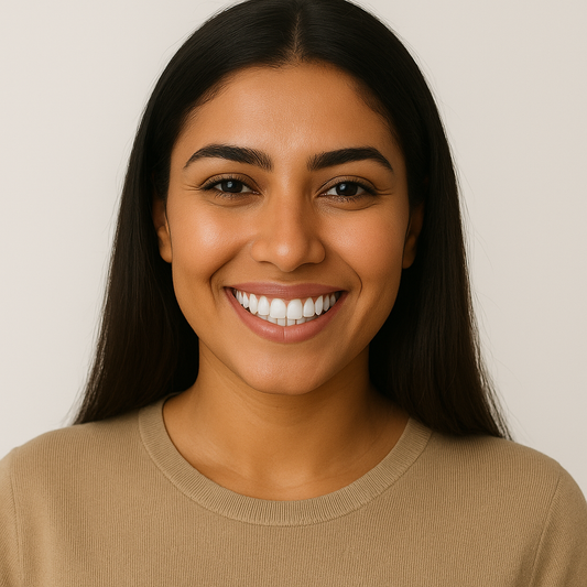 Confident person smiling with clean white teeth after safe oral care and whitening.