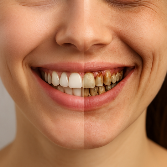 Close-up of a woman’s smile showing a split comparison: one half with healthy white teeth and the other half with severe tooth decay, illustrating the importance of oral care with Arta dental products.