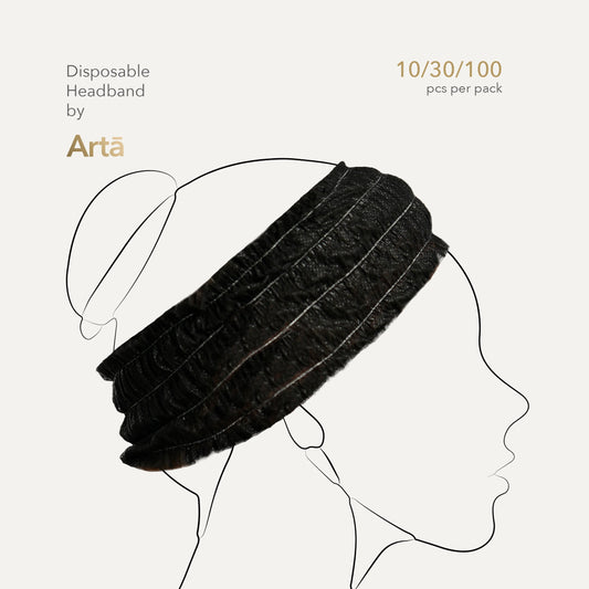 Black disposable headband styled with skincare essentials, representing clean, minimalist self-care.