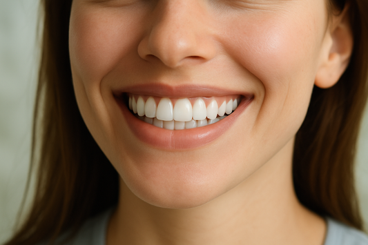 Step-by-step oral care products (toothbrush, floss, tongue scraper, mouthwash) arranged in order.