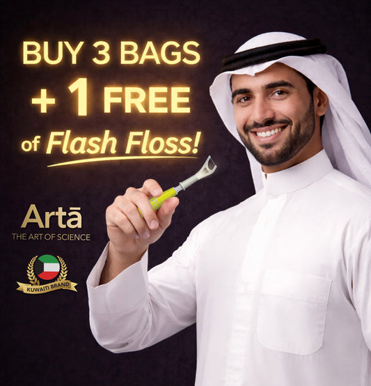 Promotional advertisement for Artá with a man holding a tool, featuring text about a buy 3 get 1 free offer on Flash Floss.
إعلان ترويجي لعلامة Artá يظهر فيه رجل يحمل أداة، مع نص يروّج لعرض اشترِ 3 واحصل على 1 مجانًا على منتج Flash Floss.