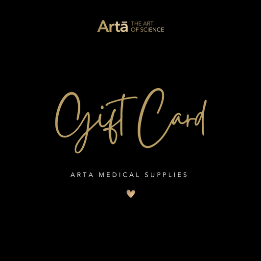 Gift card from Arta Medical Supplies, with the brand logo and name printed on a black background with gold text.