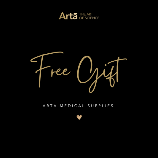 Promotional graphic for Arta Medical Supplies with 'Free Gift' offer on a black background.