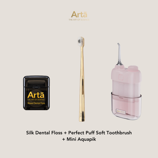 Silk Dental Floss + Perfect Puff Soft Toothbrush + Mini Aquapik