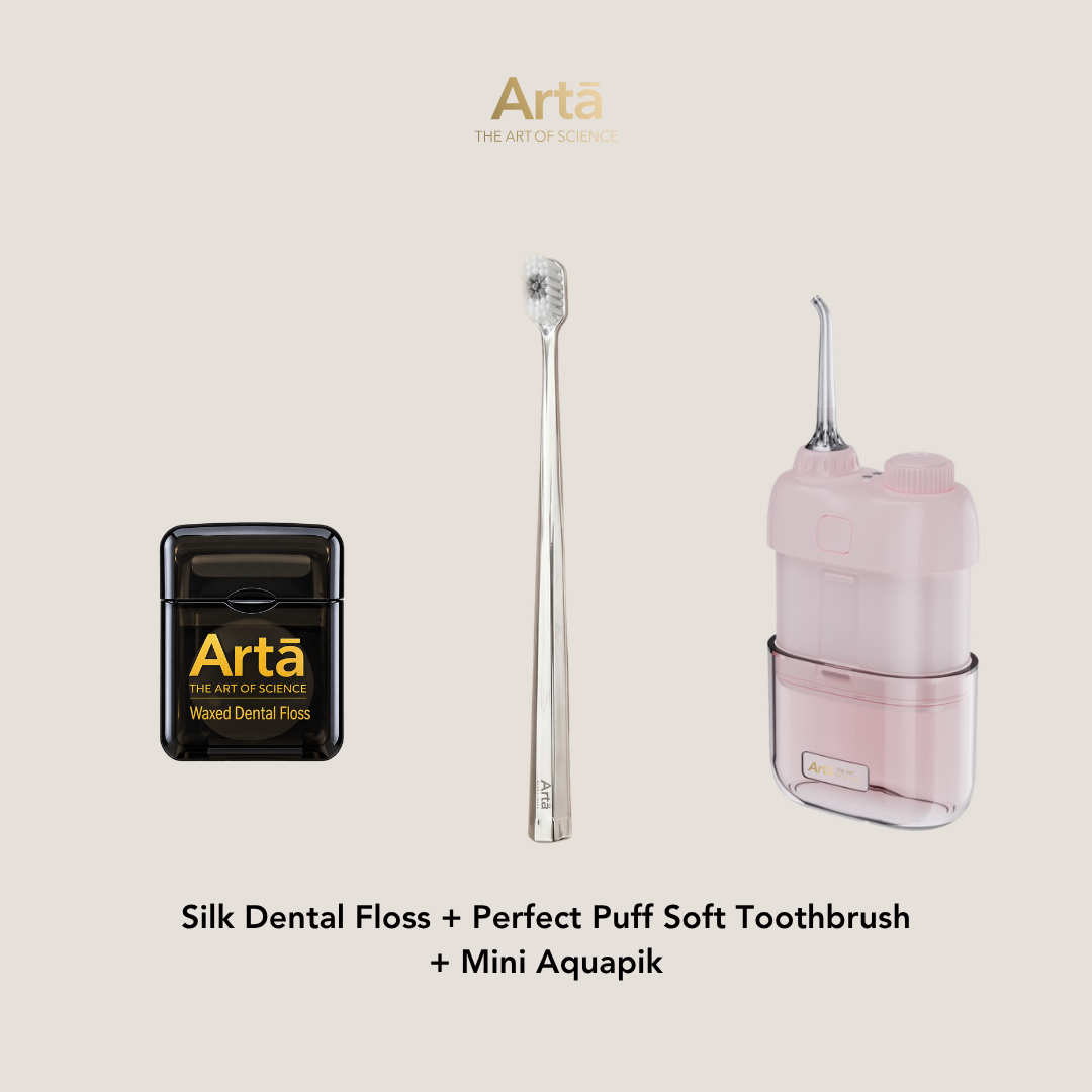 Silk Dental Floss + Perfect Puff Soft Toothbrush + Mini Aquapik