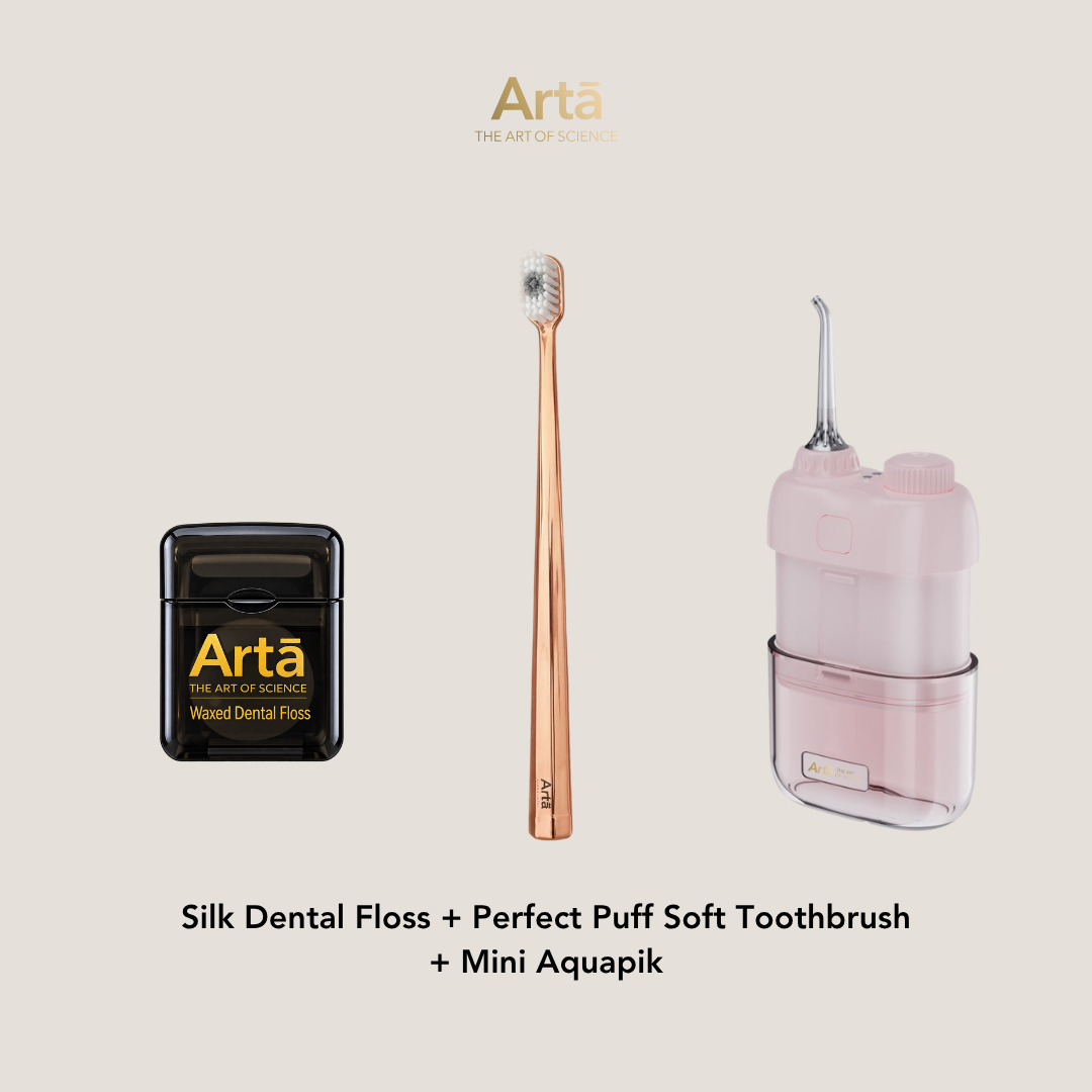 Silk Dental Floss + Perfect Puff Soft Toothbrush + Mini Aquapik