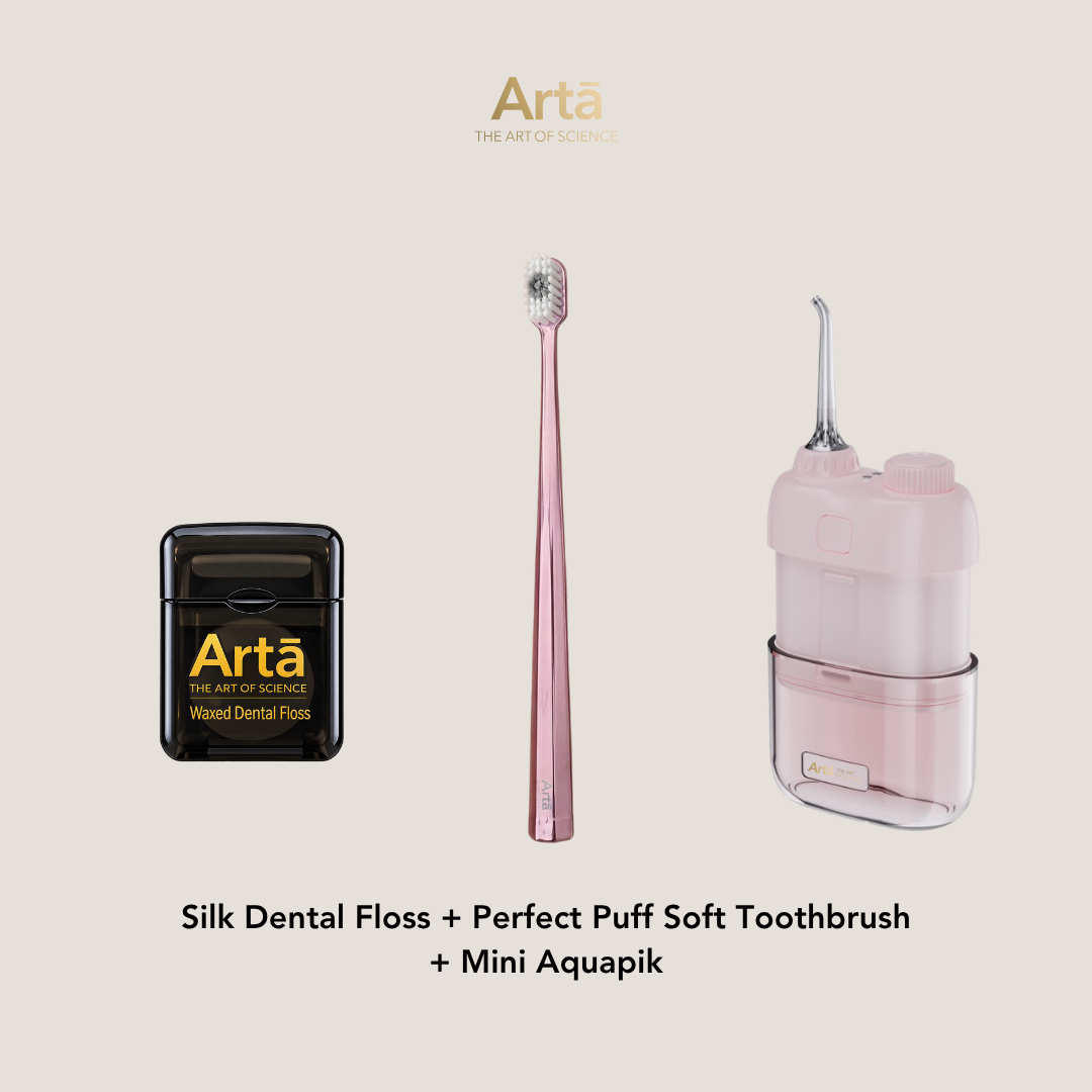Silk Dental Floss + Perfect Puff Soft Toothbrush + Mini Aquapik