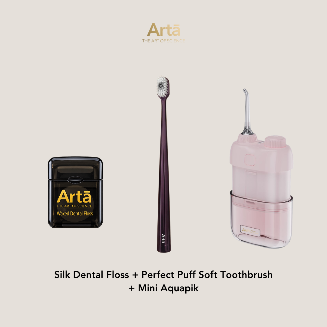 Silk Dental Floss + Perfect Puff Soft Toothbrush + Mini Aquapik