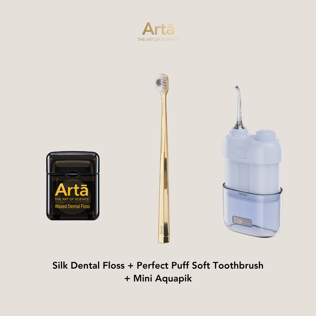 Silk Dental Floss + Perfect Puff Soft Toothbrush + Mini Aquapik