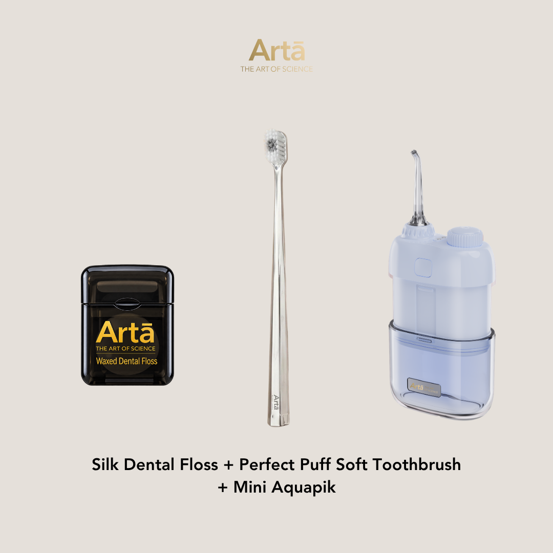Silk Dental Floss + Perfect Puff Soft Toothbrush + Mini Aquapik