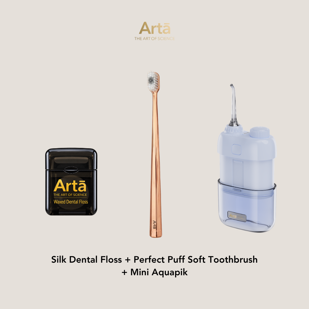 Silk Dental Floss + Perfect Puff Soft Toothbrush + Mini Aquapik