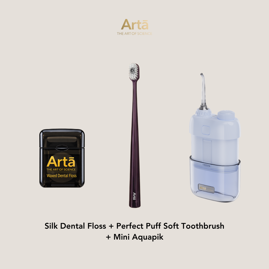 Silk Dental Floss + Perfect Puff Soft Toothbrush + Mini Aquapik