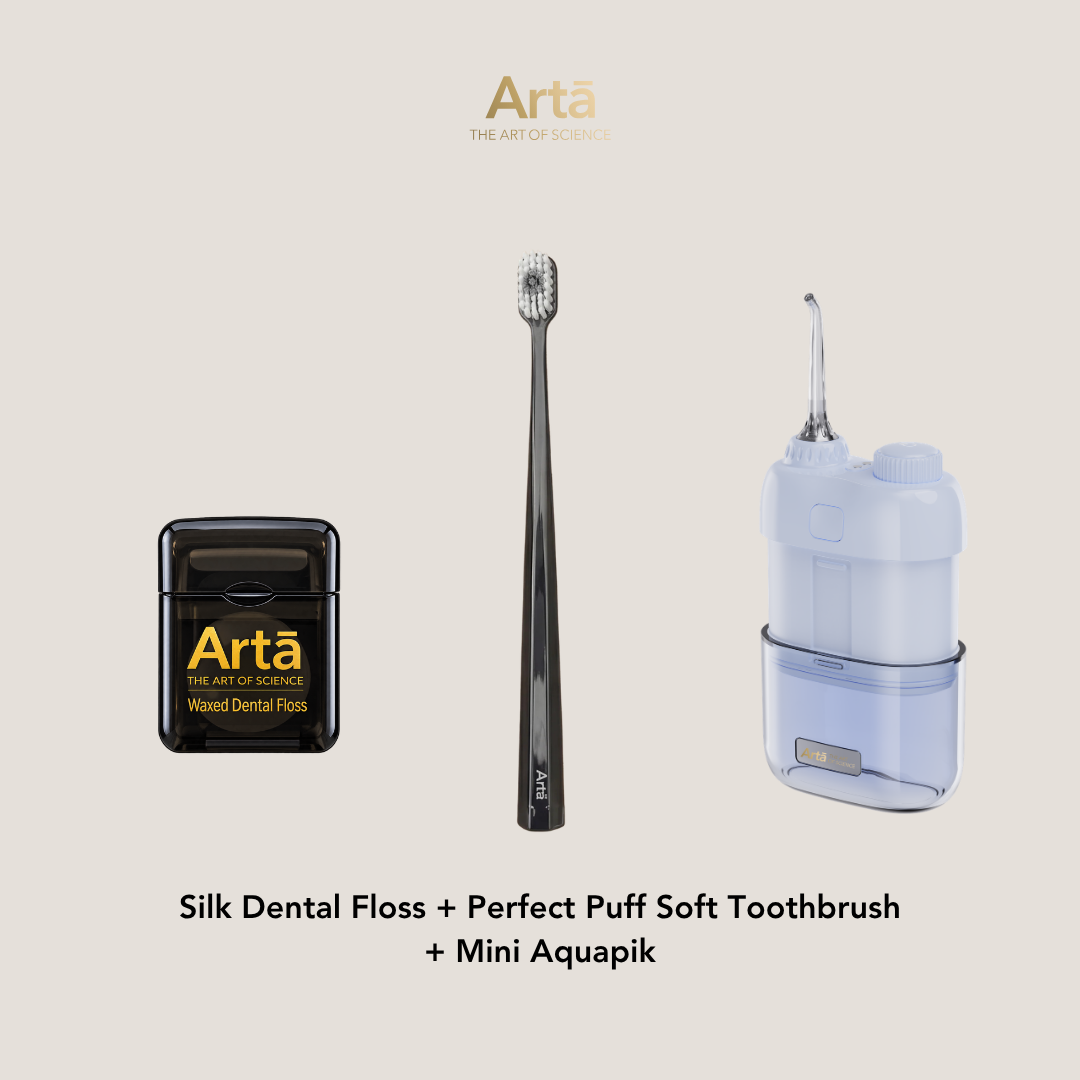 Silk Dental Floss + Perfect Puff Soft Toothbrush + Mini Aquapik