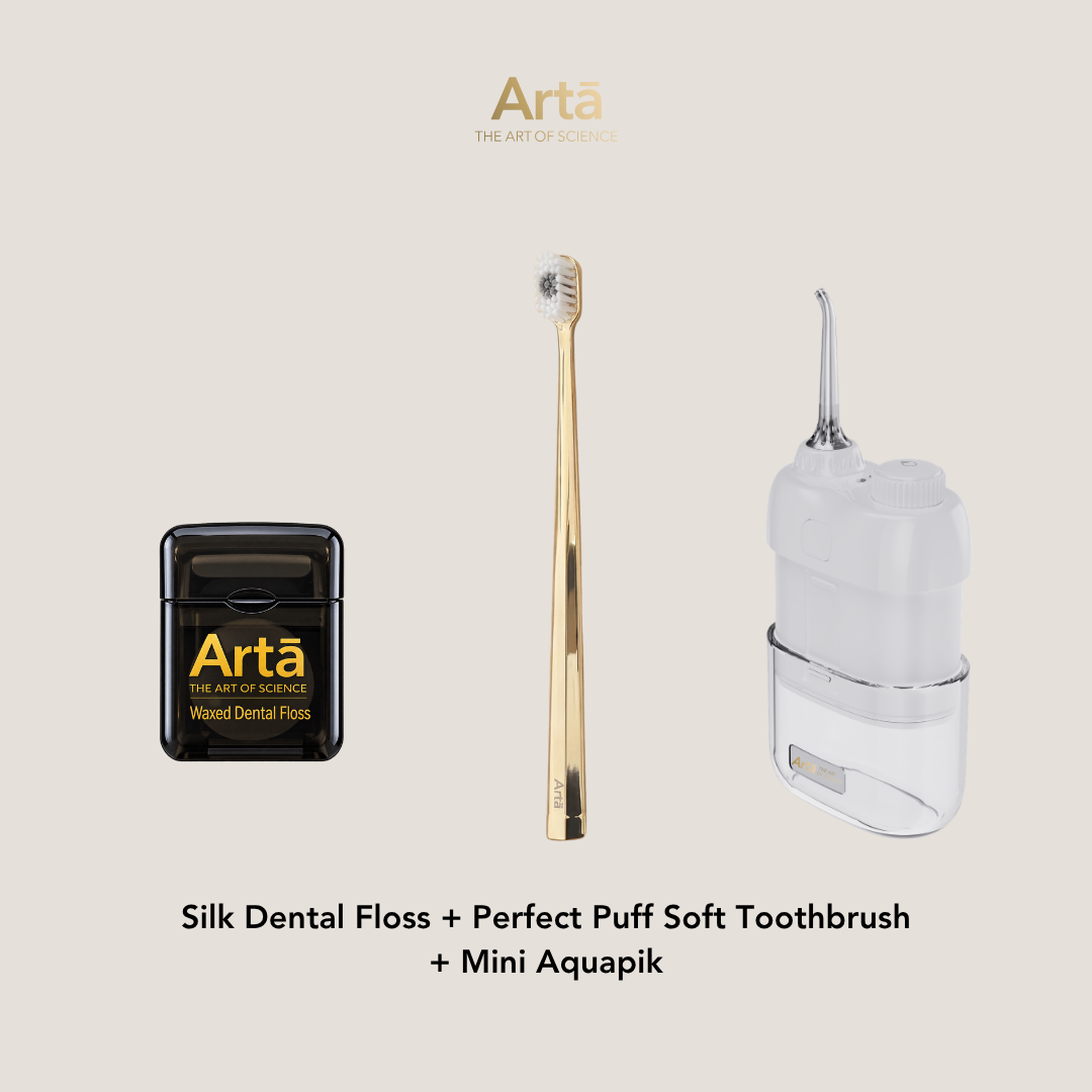 Silk Dental Floss + Perfect Puff Soft Toothbrush + Mini Aquapik