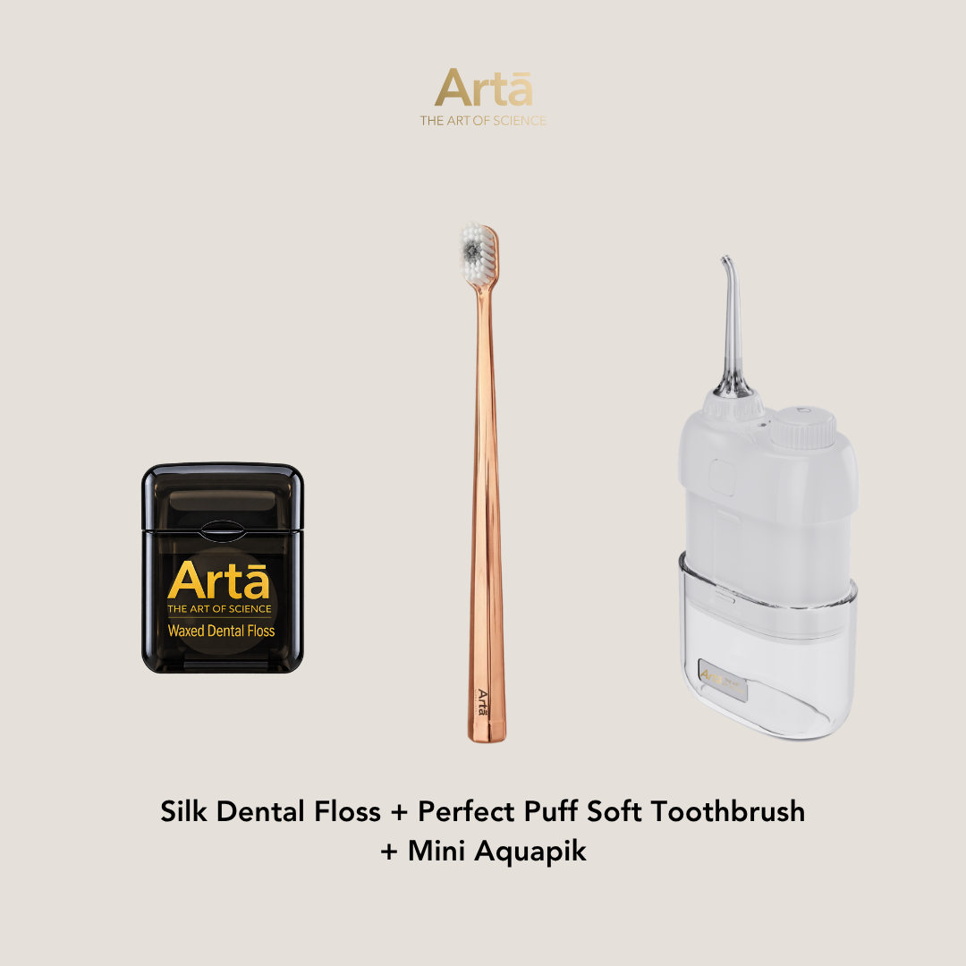 Silk Dental Floss + Perfect Puff Soft Toothbrush + Mini Aquapik