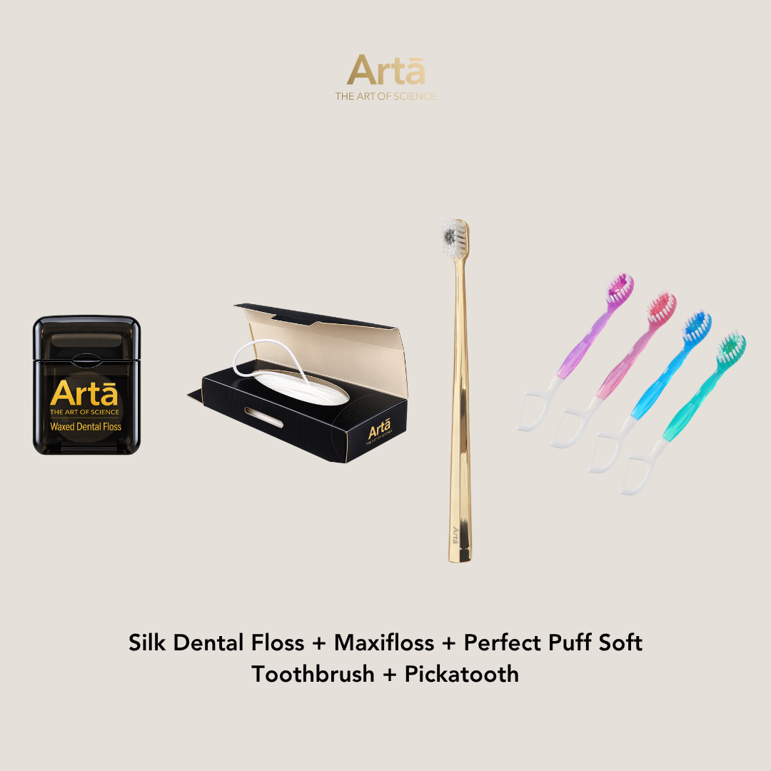 Silk Dental Floss + Maxifloss + Perfect Puff Soft Toothbrush + Pickatooth