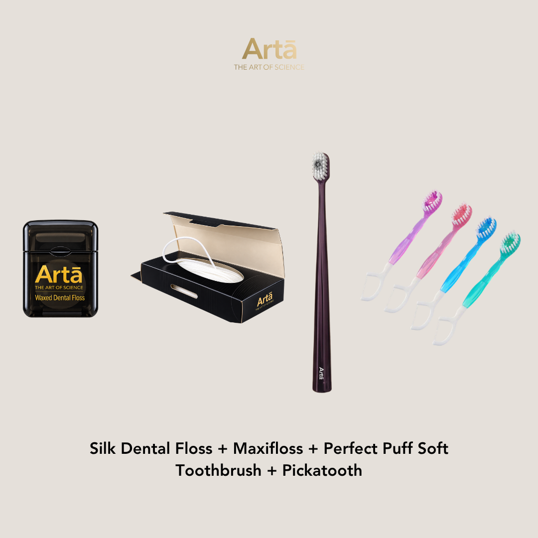 Silk Dental Floss + Maxifloss + Perfect Puff Soft Toothbrush + Pickatooth