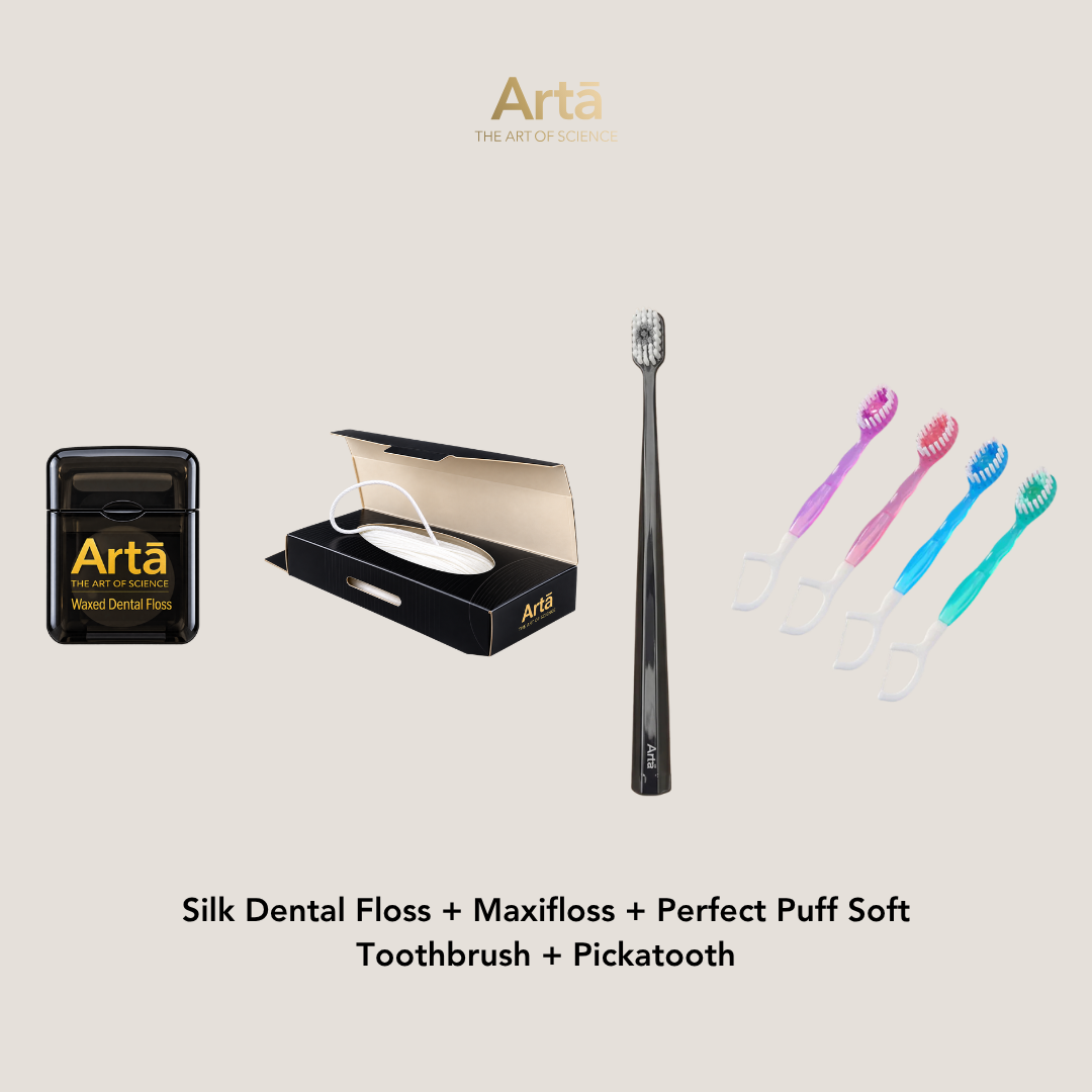 Silk Dental Floss + Maxifloss + Perfect Puff Soft Toothbrush + Pickatooth