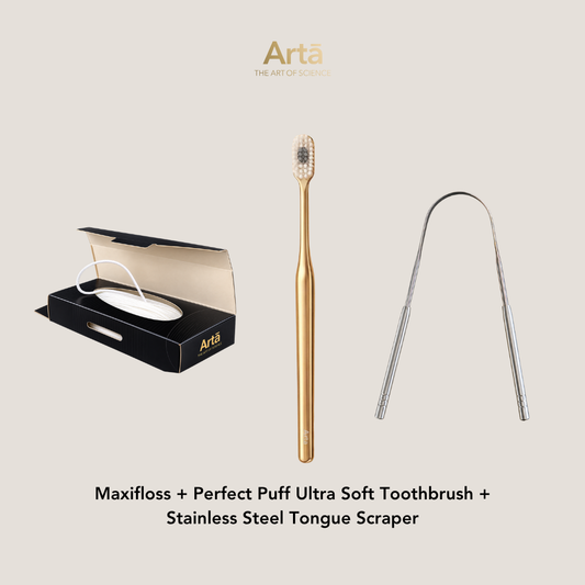 Maxifloss + Perfect Puff Ultra Soft + Stainless Steel Tongue Scraper