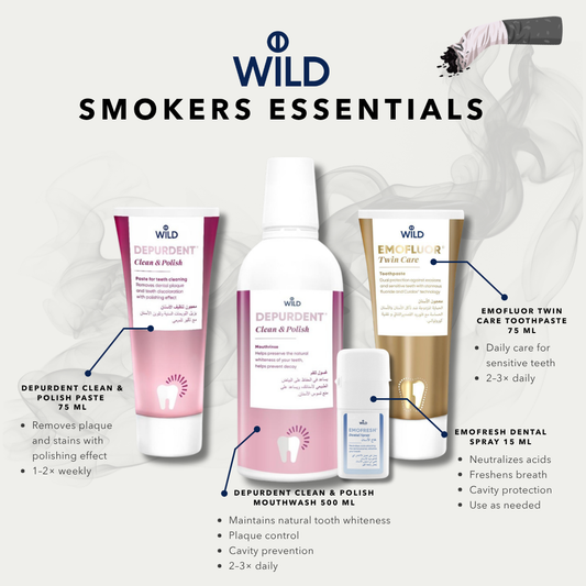 Wild Smokers Essentials dental care products including toothpaste, mouthwash, and spray on a white background.
منتجات العناية بالأسنان من مجموعة Wild Smokers Essentials تشمل معجون الأسنان وغسول الفم وبخاخ منعش، موضوعة على خلفية بيضاء.