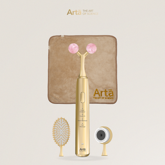 باقة Arta Glow Package 3 – جهاز تدليك متعدد الرؤوس للعناية بالبشرة والشعر مع منشفة فاخرة | Arta Glow Package 3 – multi-head facial massager for skin & hair care with premium towel, luxury beauty set.