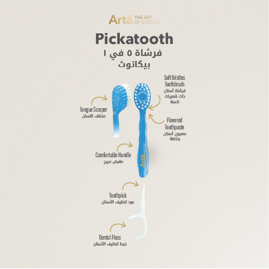 Arta Pickatooth 5-in-1 toothbrush featuring medium bristles, built-in flavored toothpaste, tongue scraper, comfortable grip, toothpick, and dental floss. Compact all-in-one oral hygiene tool for travel and daily use. Disposable one time use toothbrush. 

فرشاة آرتا بيكاتوث 5 في 1 مع شعيرات متوسطة النعومة، ومعجون أسنان بنكهة، ومنظف لسان، ومقبض مريح، وعود للتنظيف، وخيط أسنان. أداة شاملة للعناية اليومية بالأسنان وللسفر ذات الاستعمال الواحد 