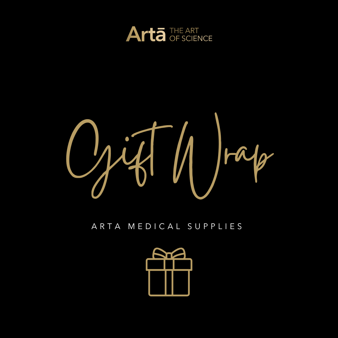 Artá gift wrap with medical supplies branding on a black background